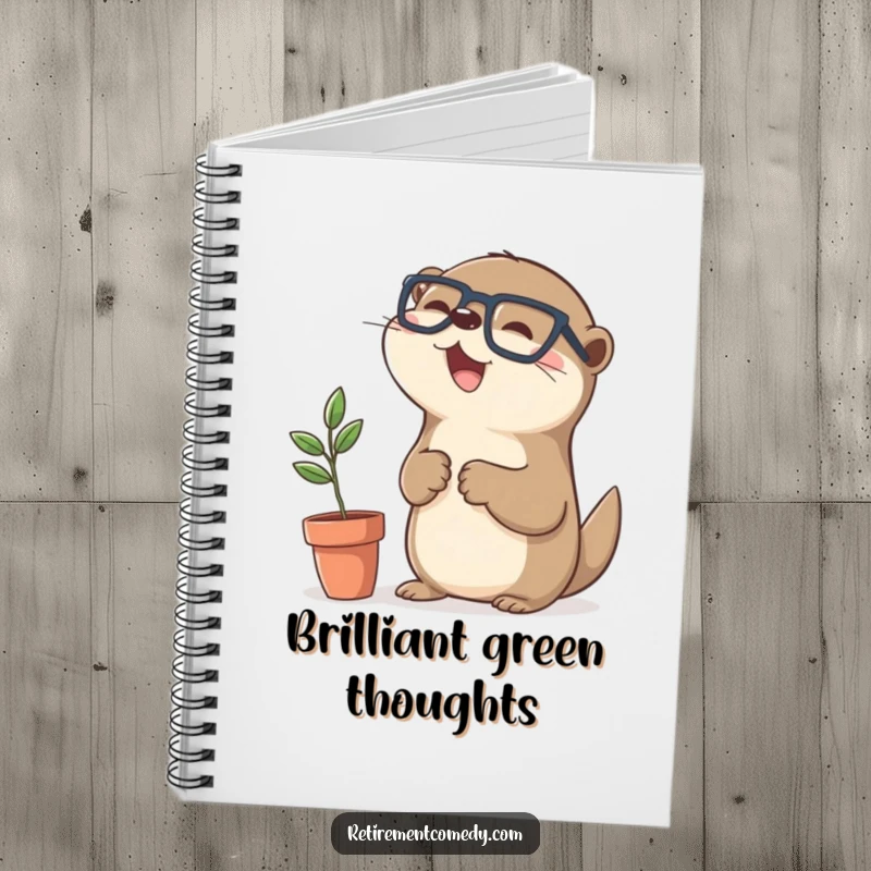 Funny kawaii otter wearing spectacles high-fiving a plant on a notebook, a humorous and practical gift.