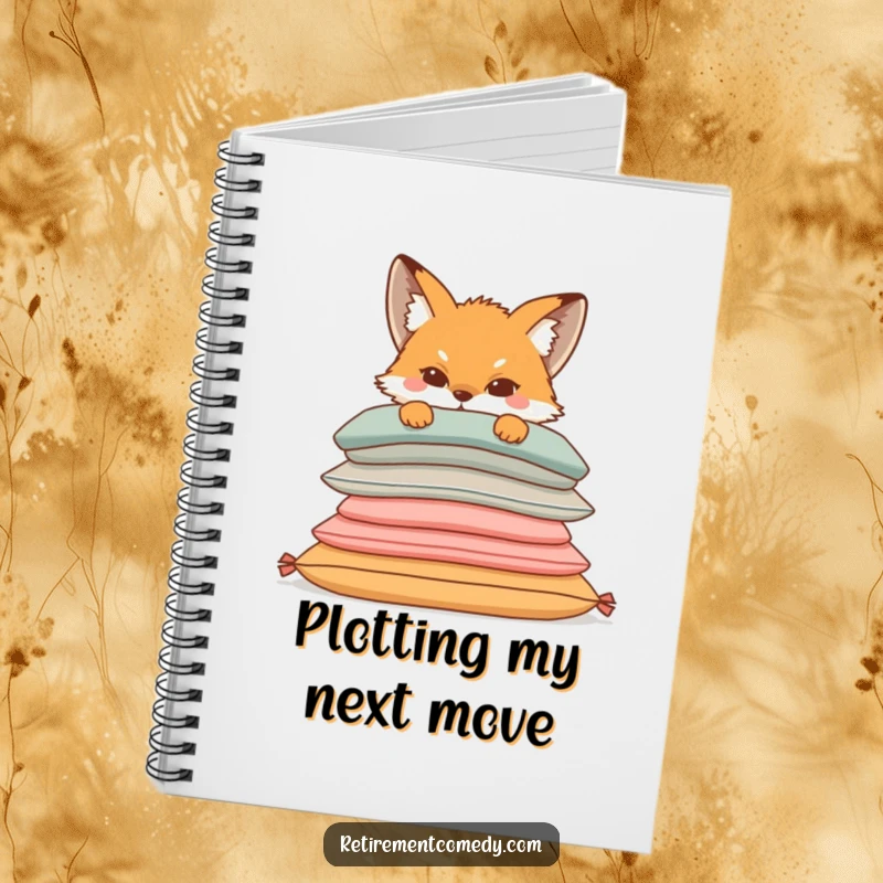 Funny notebook with a sly fox peeking from behind a stack of comfortable cushions, ideal for jotting down notes with a touch of humor.