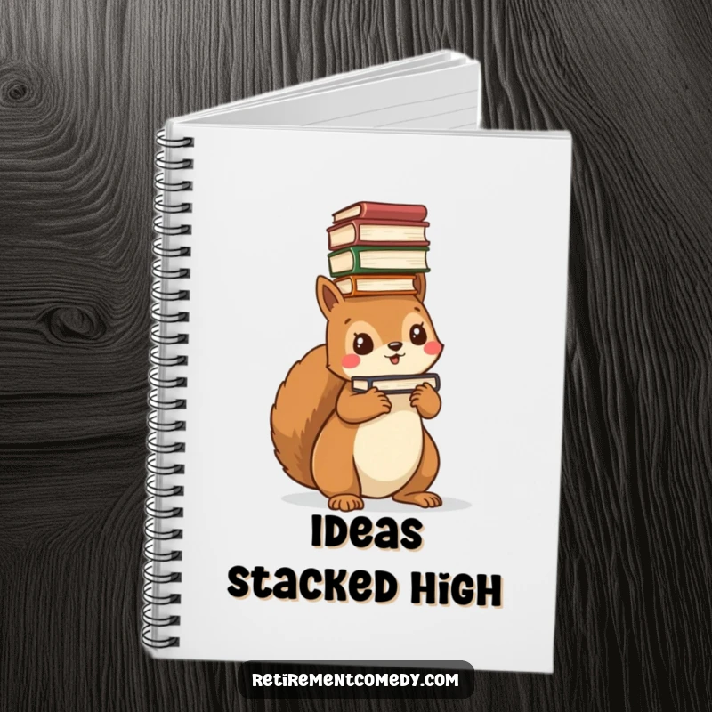 Funny kawaii squirrel notebook, balancing a stack of books on its head, perfect for students and writers, witty design.