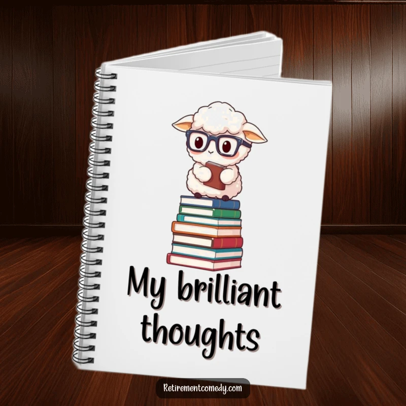Funny fluffy sheep wearing reading glasses, balancing on a stack of books, inspiring thoughts in this humorous notebook.
