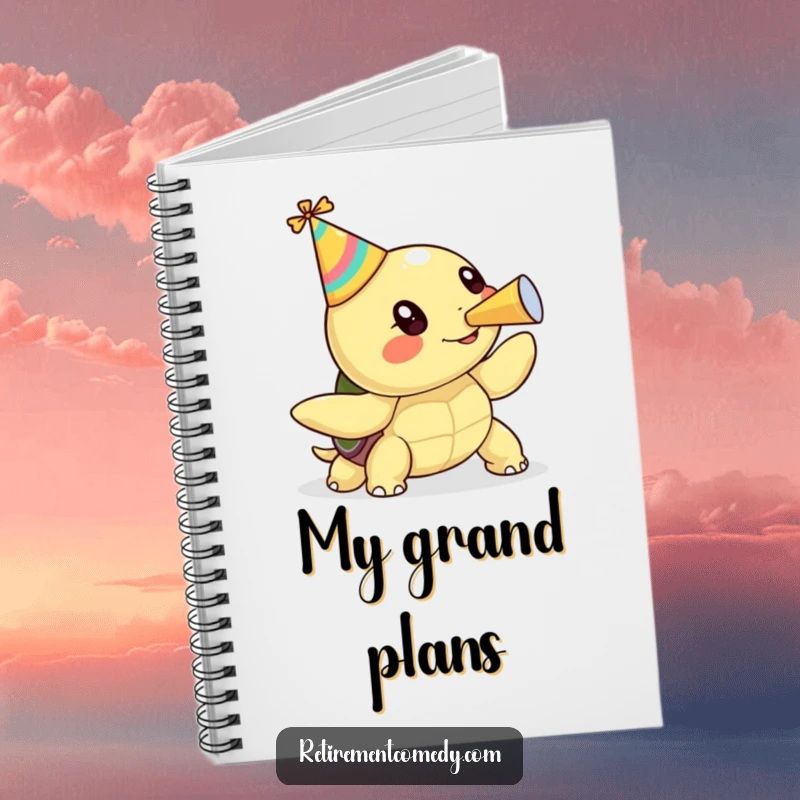 Funny kawaii turtle blowing a party horn on a notebook, a humorous and practical gift for journaling.