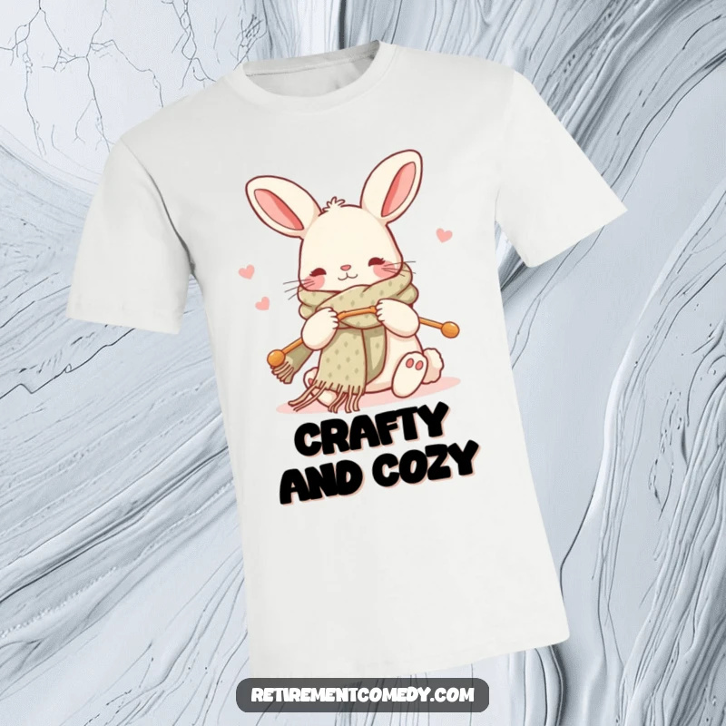 Funny kawaii rabbit t-shirt, knitting a cozy scarf with oversized needles, looking happy and focused, great gift.