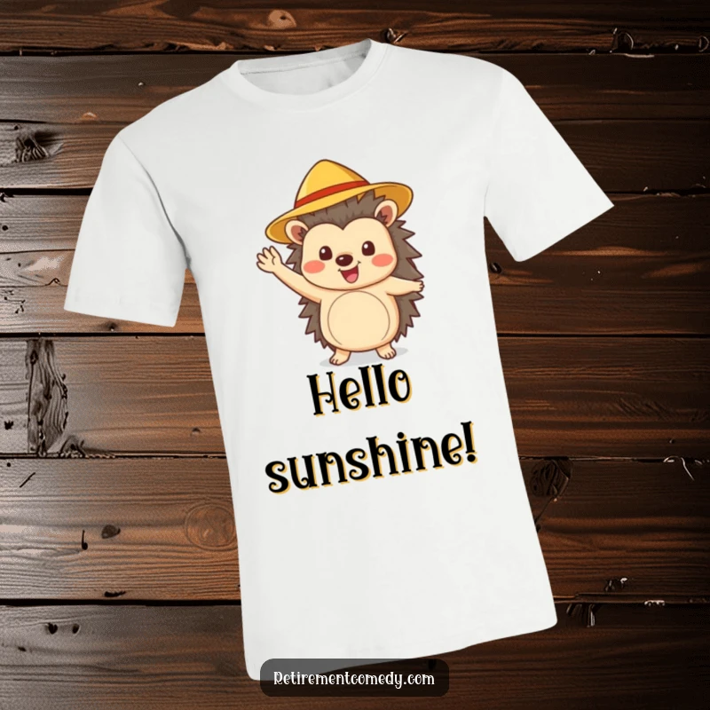 A cheerful hedgehog in a sun hat waves enthusiastically on this t-shirt, showcasing pure happiness and a friendly spirit.