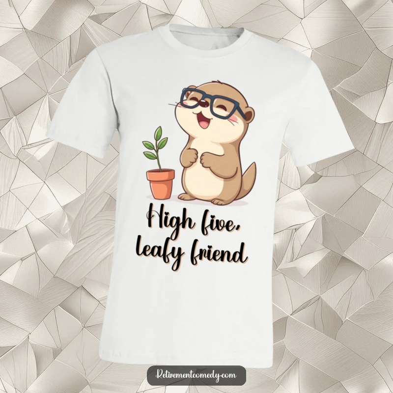 Cute kawaii otter wearing spectacles giving a high-five to a tiny plant, a humorous and heartwarming t-shirt graphic.