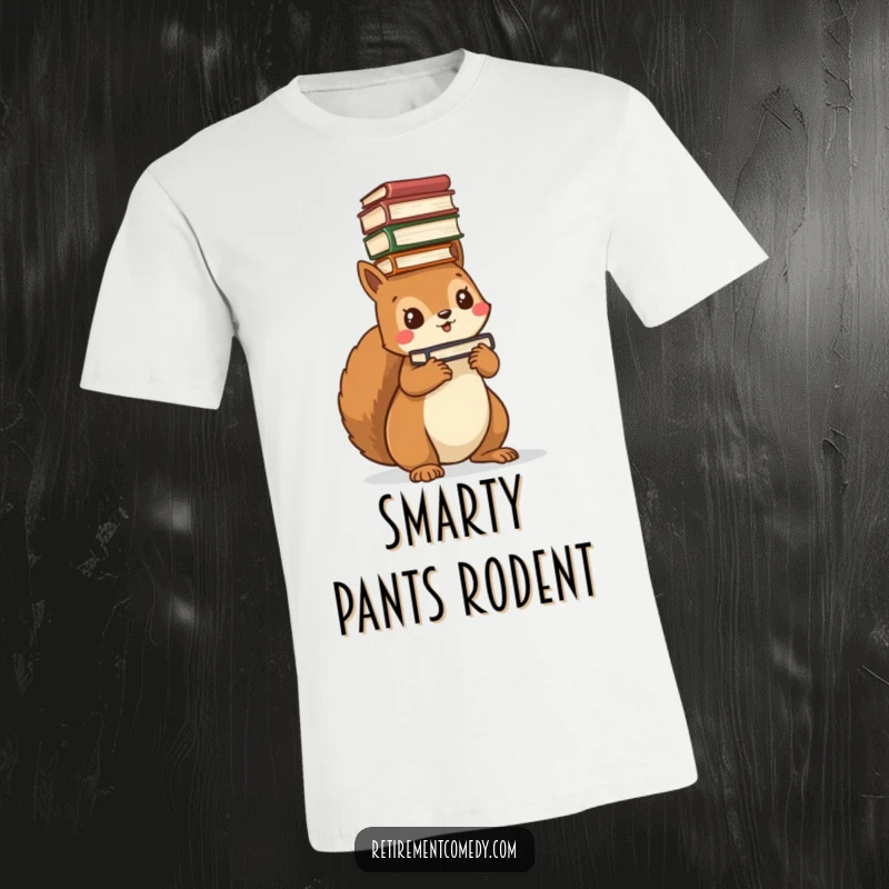 Funny kawaii squirrel t-shirt, balancing a huge pile of books on its head, looking determined, perfect for readers.
