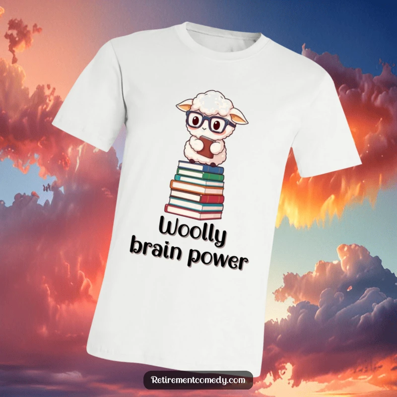 Funny fluffy sheep wearing reading glasses, balancing on a teetering stack of books, a humorous t-shirt.