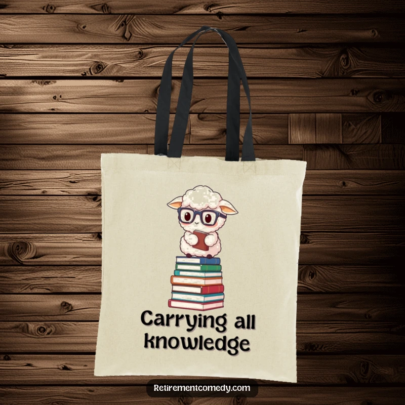 Funny fluffy sheep wearing reading glasses, balancing on a stack of books, showcased on a humorous tote bag.