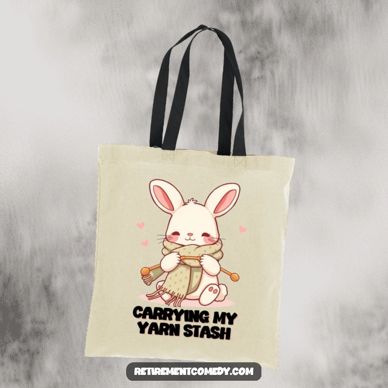 Funny kawaii rabbit tote bag, knitting a scarf with large needles, perfect for carrying yarn and projects.