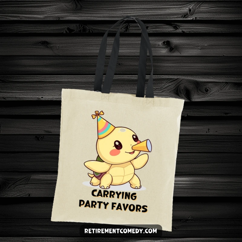 Funny kawaii turtle wearing a party hat blowing a party horn on a tote bag, a humorous and practical accessory.
